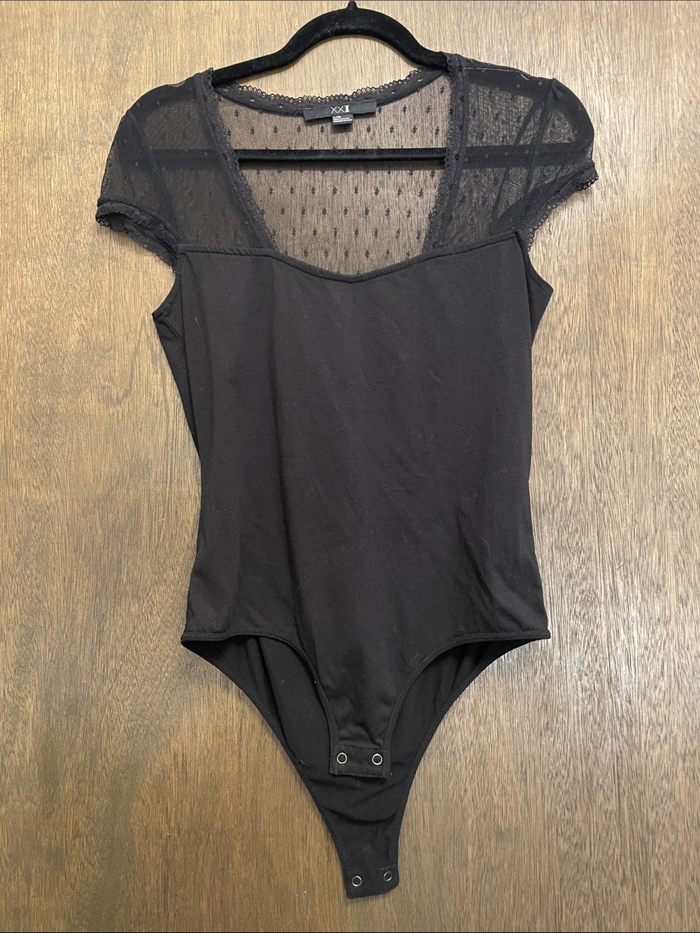Forever 21 Black Cap Sleeve Sheer Dot Yoke Bodysuit